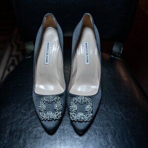 Manolo Blahnik Hangisi Crystal Buckle Pump in Black Satin 105mm